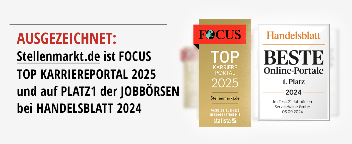Auszeichnungen: Focus Top Karriereportal 2025 und Handelsblatt Beste Online-Portale Platz 1