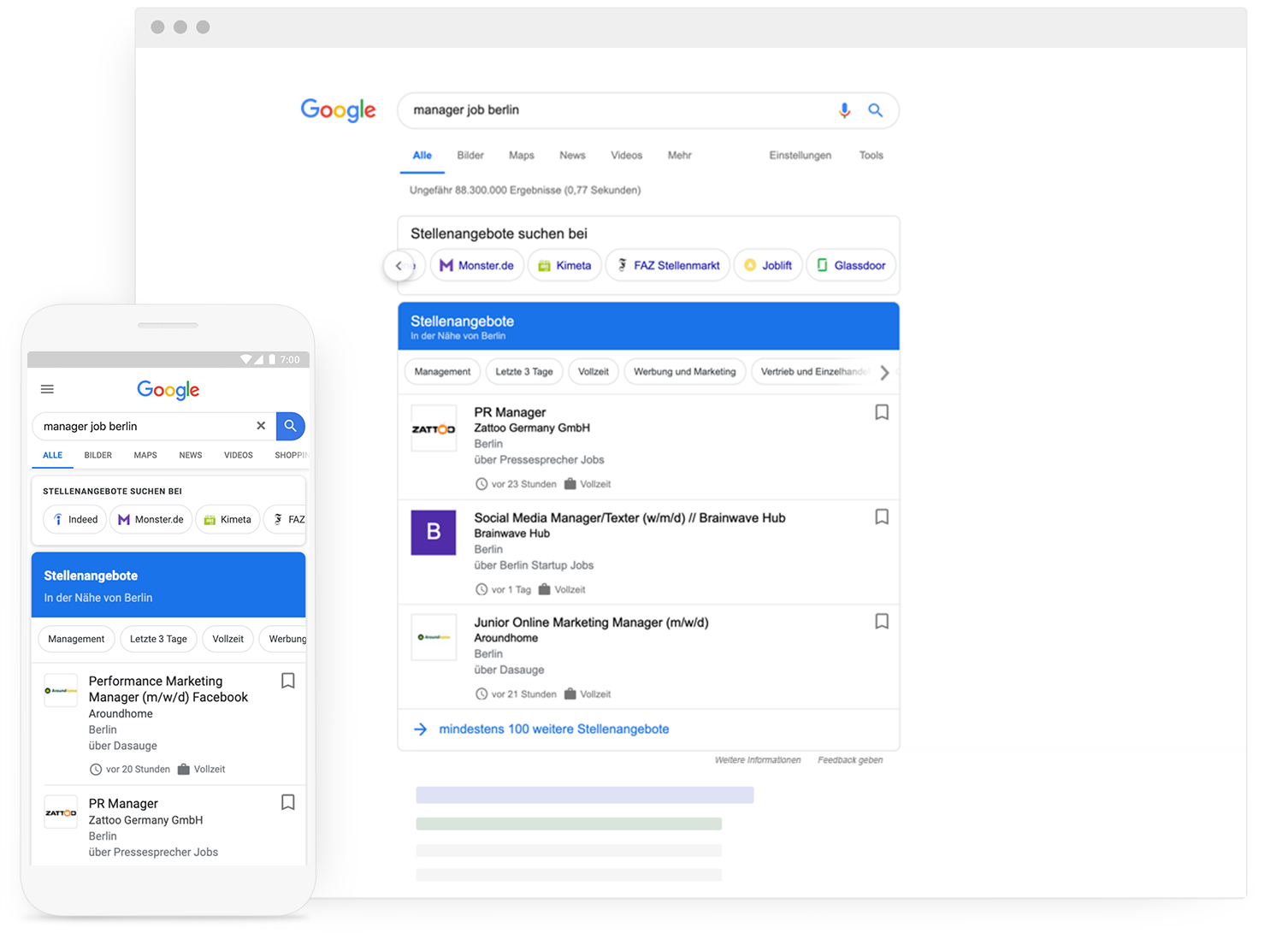 Google for Jobs Darstellung zeigt Stellenanzeigen in der Google-Suche
